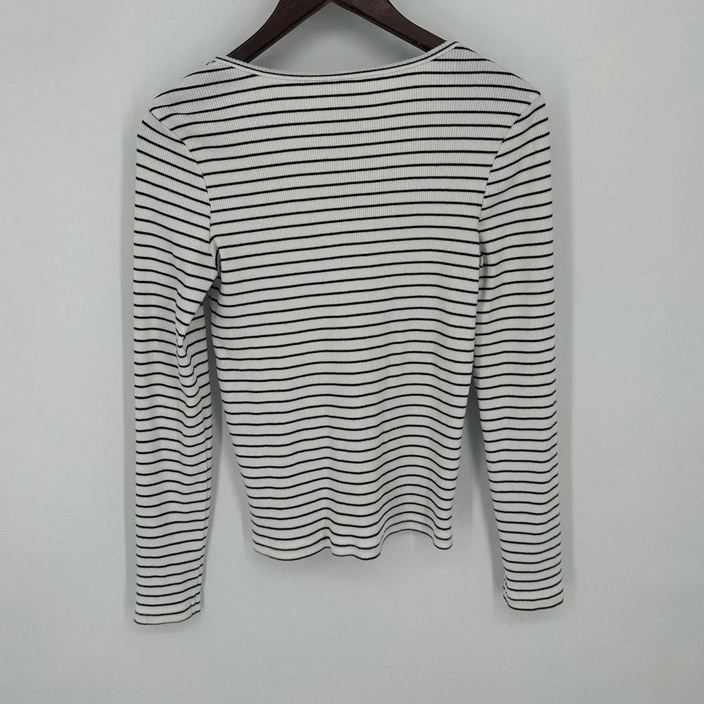 Pact Favorite Rib Henley Long Sleeve Top Size Medium White Black Striped Shirt - Picture 5 of 11